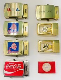 Eight Vintage Belt Buckles- Disneyland, Two Mickey Mouse, Coca Cola, Two Braves & USA