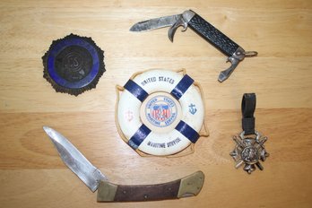 Mixed Men's Lot With Two Pocket Knife's, 1918 American Legion Pin, U.S. Maritime Service Pin & More