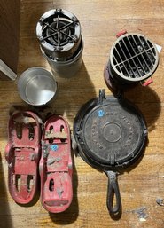 CAST IRON FLOP GRIDDLE, ICE SHOES, SMELTER, AND MORE