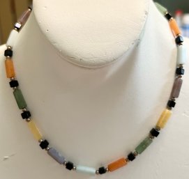 PRETTY STERLING SILVER MULTICOLORED JADE & ONYX BEAD NECKLACE