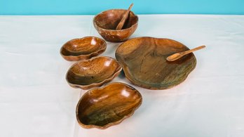 Mid Century Hand Carved Solid Wood Serving, Salad, And Small Bowls W/Serving Utensils