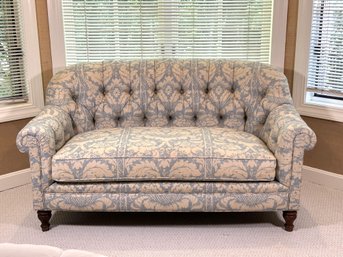 A Beautiful Button-Tufted Settee By Lillian August In Brunschwig & Fils Damask