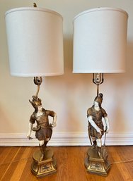 Pair Vintage Figural Warrior Viking Spelter Table Lamps On Metal Plinths (appraised For $650)