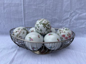 Set Of 7 Ceramic Glazed Balls And Wire Basket Holder