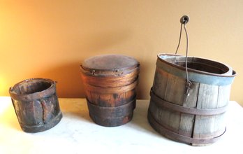 3 Antique Primitive Bent Wood & Metal Barrels