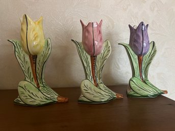 Set Of 3 Ceramic Spring Tulip Candlesticks