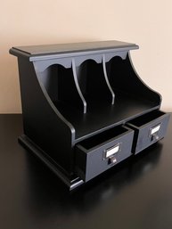 Desk Top Organizer - Black Painted Wood With 2 Drawers And Slots  14.5'L X 9.5D X 10.5H