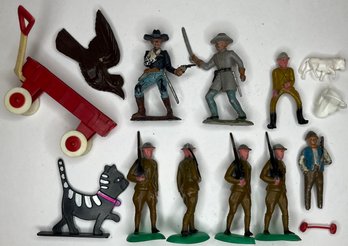 Vintage Lot Plastic Toys - Beton Soldiers WWI - Civil War -  Ideal Flatsy 1968 Wagon - Cat - Cow - Skull  Ring