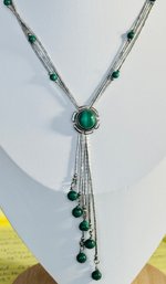 SIGNED QT (QUOC TURQUOISE SHOP) NATIVE AMERICAN STERLING SILVER AND MALACHITE DANGLE BEAD NECKLACE