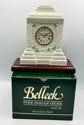 Lovely Belleek Cashel Mantle Clock With Wood Base ~ Shamrock Pattern ~ With Box  (C)