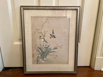 Asian Gouache Of Birds & Flowering Bulbs, Custom Framed