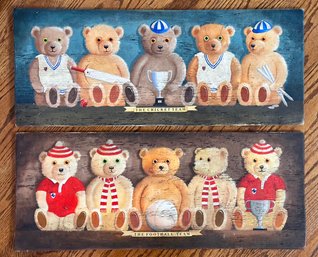 Original Acrylic On Board Paintings - Teddy Bear 'The Cricket Team,' And 'The Football Team'