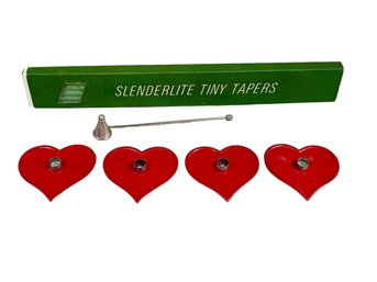 Retro Tin Heartshaped Candle Holders, Candles And Sterling ? Snuffer