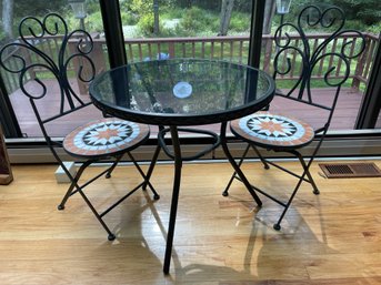 Pair Of Bistro/ Caffe Chairs And A Matching Glass To Round Table.