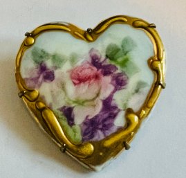 VINTAGE HAND PAINTED HEART SHAPED PORCELAIN GOLD ENCRUSTED BROOCH