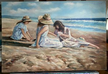 Oil On Canvas Ladies On The Beach Signed J. Moore