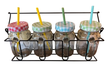 12 Covered Mason Jars With Straws And Metal Carriers