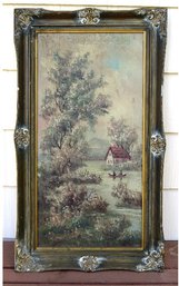 Oil Painting On Board Of Cottage By The River In Attractive Frame