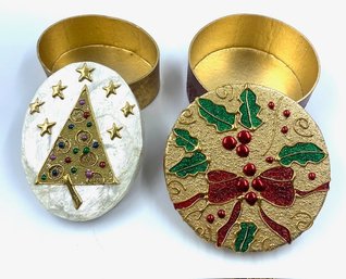 Pairing Of Detailed Hand-decorated Gift Boxes - One W/ Shell/capiz