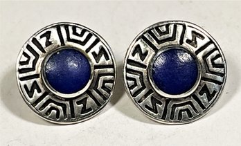 Fine Sterling Silver Pierced Earrings Greek Key Design Having Lapis Stones