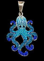 Beautiful Vintage Sterling Silver Blue Rhinestone Octopus Pendant