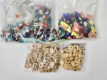 Crafter's Lot Of Supplies: Glass Marbles, Colored Glass, And Scrabble Tiles