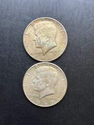 2 Kennedy 40 Silver Half Dollars 1968-D, 1969-D