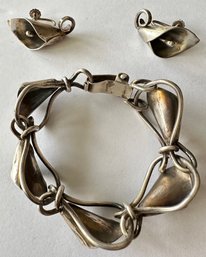Vintage Sterling Silver Hand Made Designer Bracelet & Earrings By Shaw
