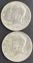 2 Kennedy Forty Percent Silver Half Dollars 1966, 1967