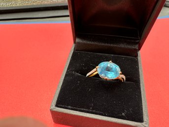 14K Yellow Gold Setting  Swiss Blue Topaz And Diamond Ring