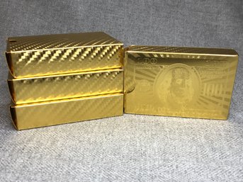 Four (4) Decks Of 24K Gold Playing Cards - One Has Image Of 100 Bill - Actual .999 Gold Leaf Sealed In Mylar