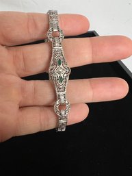 Dazzling 14k White Gold Antique Art Deco Emerald & Diamond Bracelet