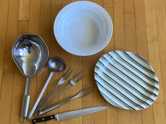 White Corningware Bowl, W.S. George Plate, Icel Portugal Knife, And Kitchen Utensils