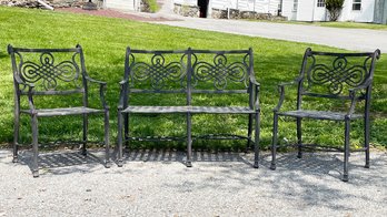 A Bench And Two Arm Chairs In Cast Aluminum By Cast Classics