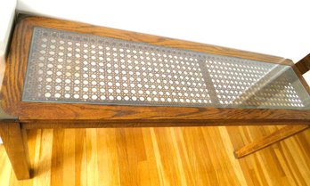 Mid Century Modern Brandt Cane Top Sofa Table With Glass