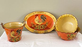 Maxcera Orange Rooster Platter, Two Bowls And Bucket
