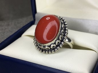 Very Nice Sterling Silver & Dome Coral Cocktail Ring - Lovely Hand Done Silver Work - Brand New - UNWORN !