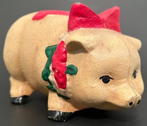 Vintage Cast Iron Lucky Pig - Still Piggy Bank - Red Bow & Flowers - 5.5 X 3 .25 X 3 Inches
