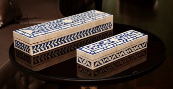 2 Blue & White Handcrafted Bone Inlay Decorative Boxes