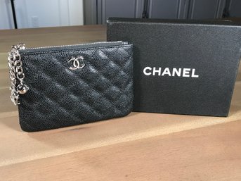 Wonderful CHANEL Black Caviar Leather Zip Pouch - Cosmetic Bag / Wallet - With Chanel Charms - Very Nice !