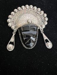 Mexican Onyx & Silver Mayan Face Brooch