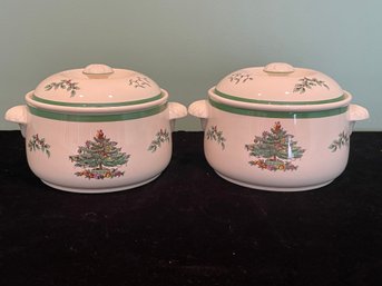 Pair Of Spode Christmas Tree Imperial Cookware Oven-Table Round Covered Casserole Dishes