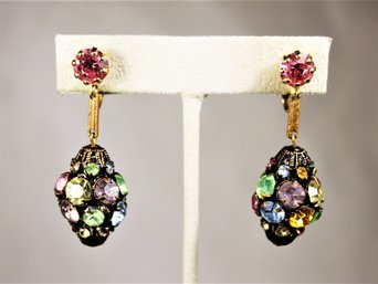 Multi Colored Rhinestone Gold Tone Clip Earrings Drops