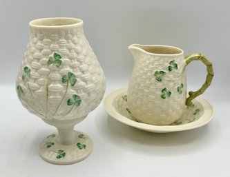 3 Pieces Of Belleek ~ Votive Holder & Pitcher With Underplate ~ (C)