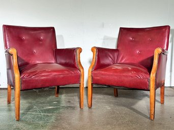 A Pair Of Vintage Arm Chairs, C. 1940's - Tufted Vinyl With Nailhead Trim