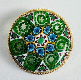 VINTAGE GOLD-FILLED GREEN AND BLUE MILLEFIORI GLASS BROOCH OR PENDANT