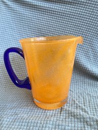 Hand Blown Art Glass Pitcher Orange With Cobalt Blue Handle 6.5in No Chips