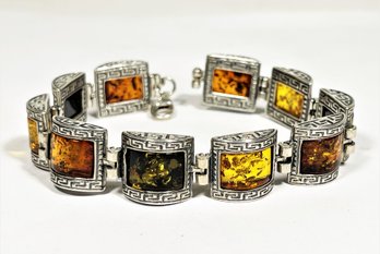 Fine Contemporary Sterling Silver Bracelet Greek Key Design Genuine Amber