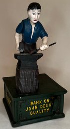 Vintage Cast Iron Blacksmith Mechanical Coin Bank - Bank On John Deere Quality- Hammer Anvil - 9 Inches H