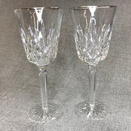 Beautiful Pair WATERFORD Lismore Water / Wine Glasses With Platinum Trim / Seahorse Mark - $115 Retail Each